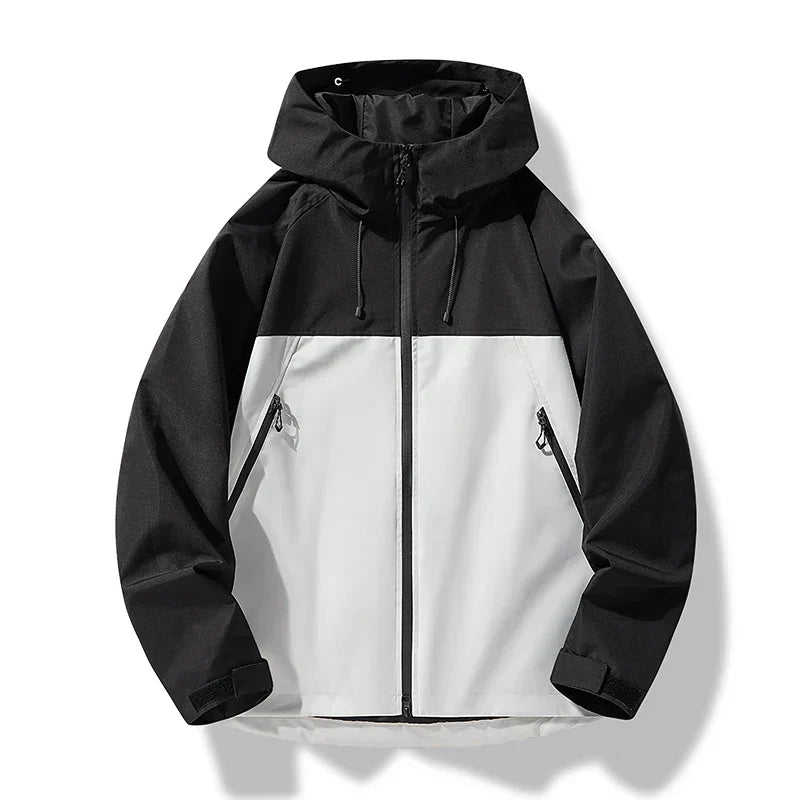 Men's slim-fit waterproof hooded ski jacket in neutral tone, windproof with streamlined everyday silhouette