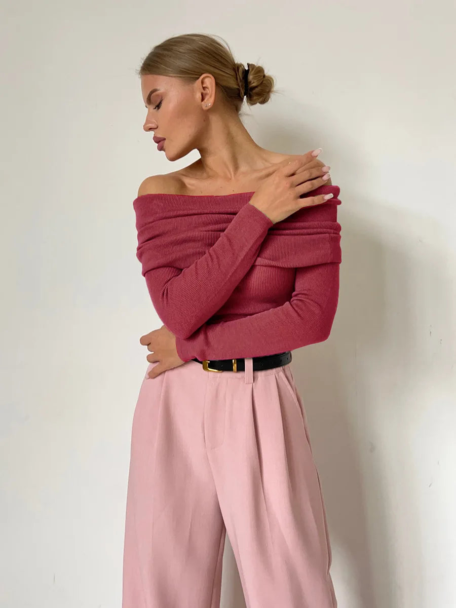 Women's off-shoulder ribbed knit fitted sweatshirt in neutral tone with long sleeves everyday chic