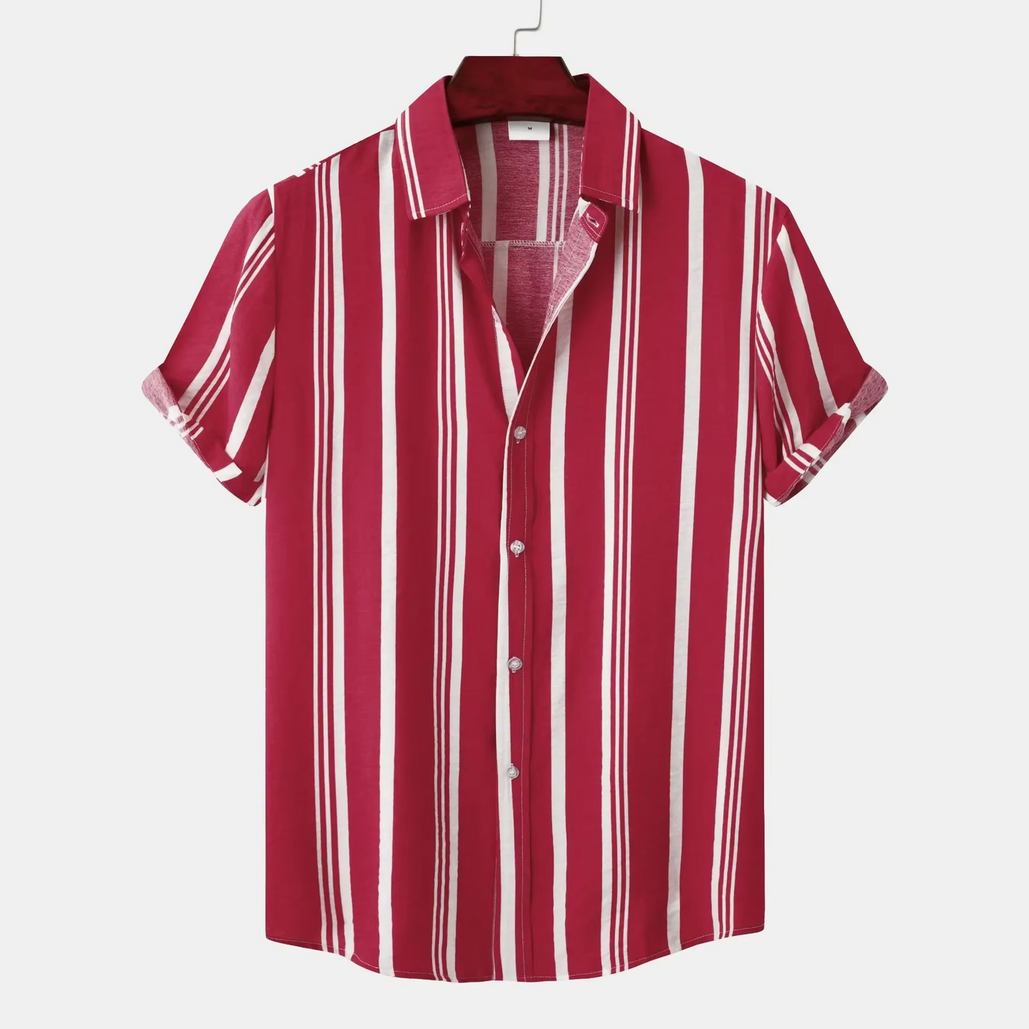 Men's slim fit navy white striped short sleeve shirt breathable cotton poly blend casual summer