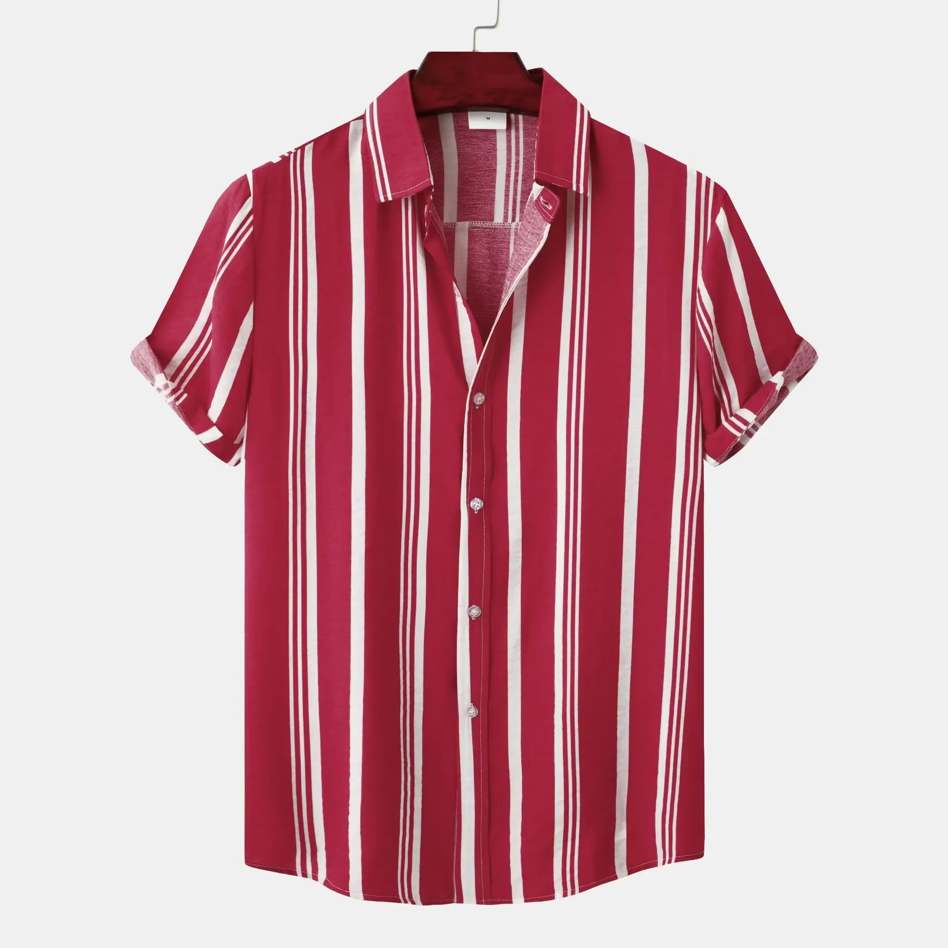 Men's slim fit navy white striped short sleeve shirt breathable cotton poly blend casual summer