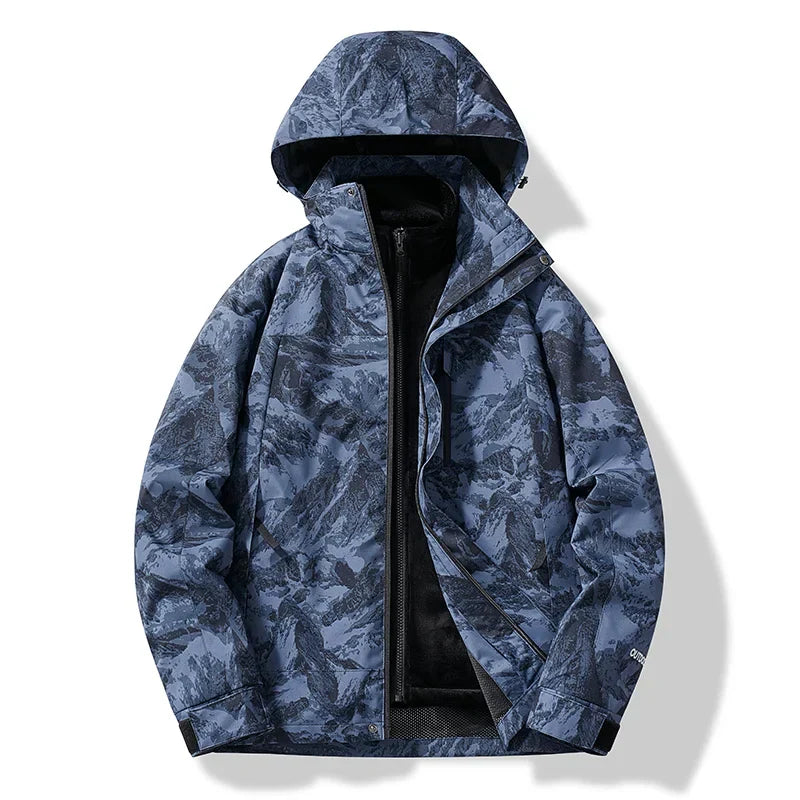 Men's navy blue hooded ski jacket zip-up with all-weather insulation for slope performance