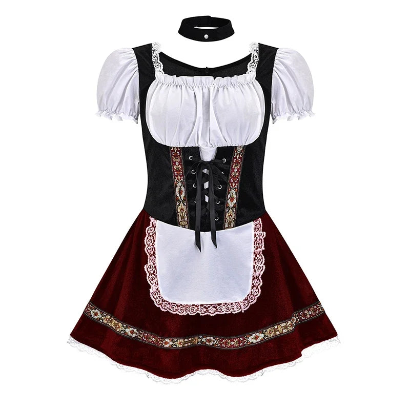 Women's Bavarian dirndl dress with lace-up corset bodice, puffed sleeve blouse, festival-ready ensemble