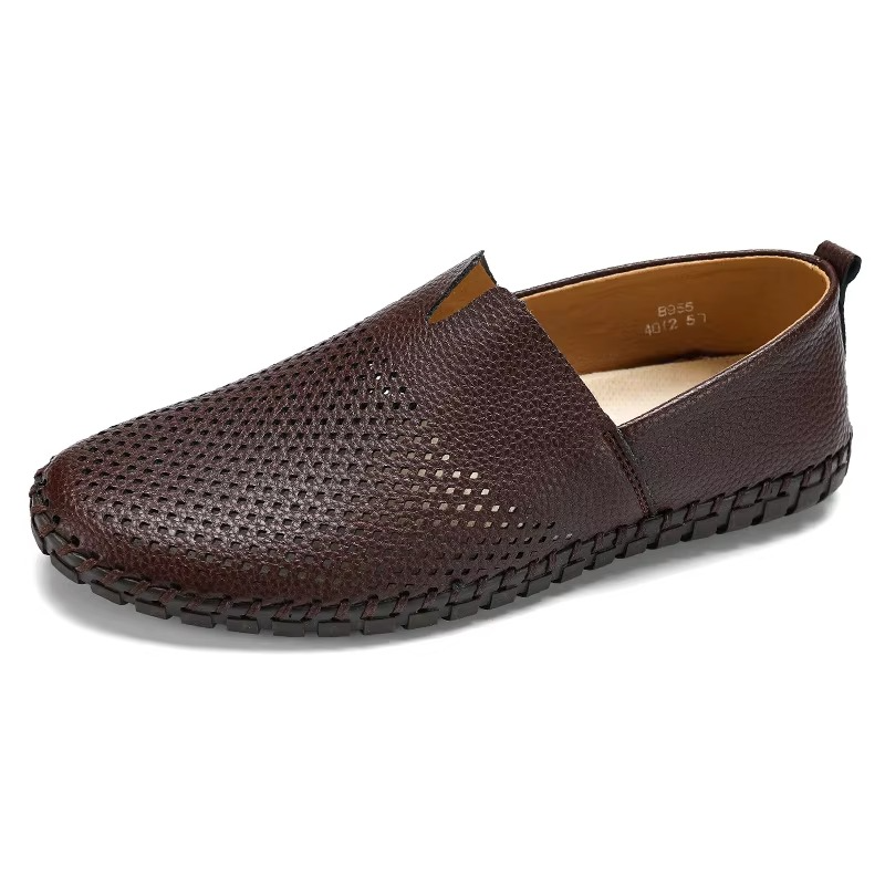 Men's plus-size handmade PU leather slip-on loafers in classic tones, breathable smart-casual style