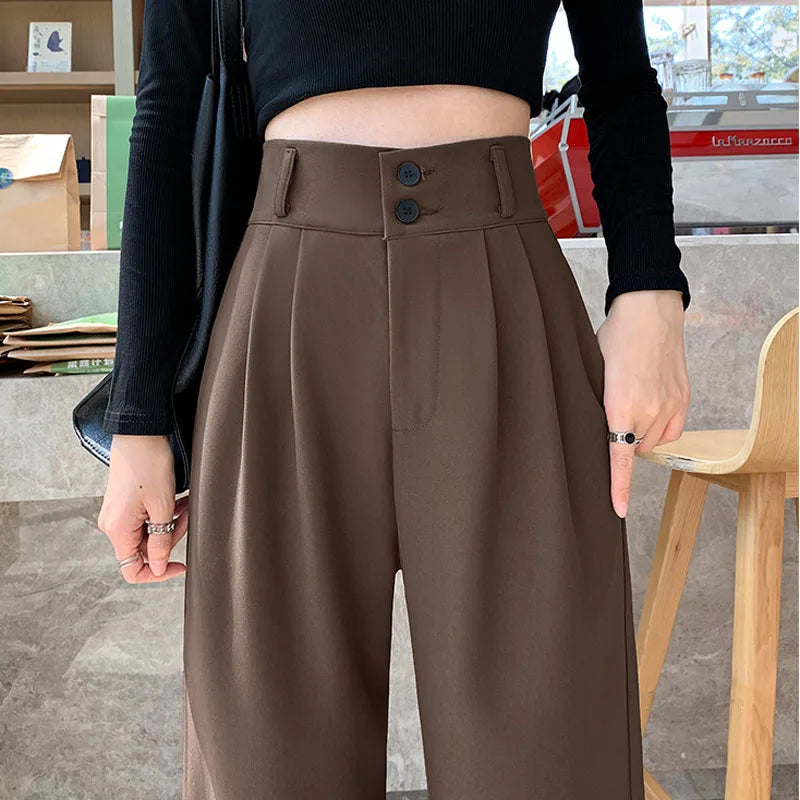 High waist wide-leg palazzo trousers flowy silhouette flattering fit modern women desk to dinner