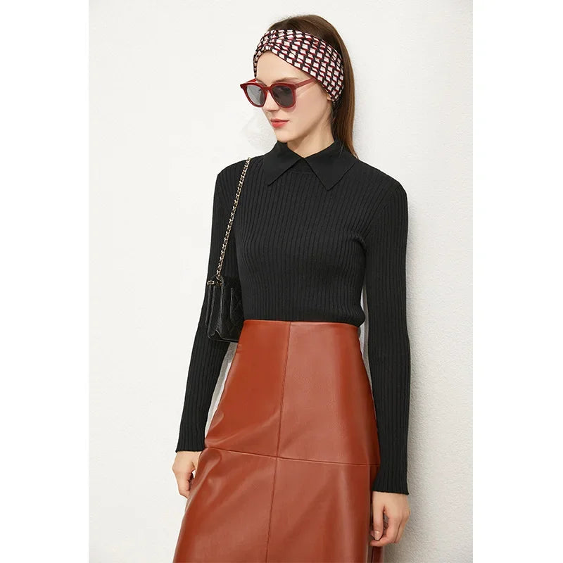 Women's burgundy wool blend polo shirt with lapel collar, long sleeves, and figure-contouring stretch knit fit