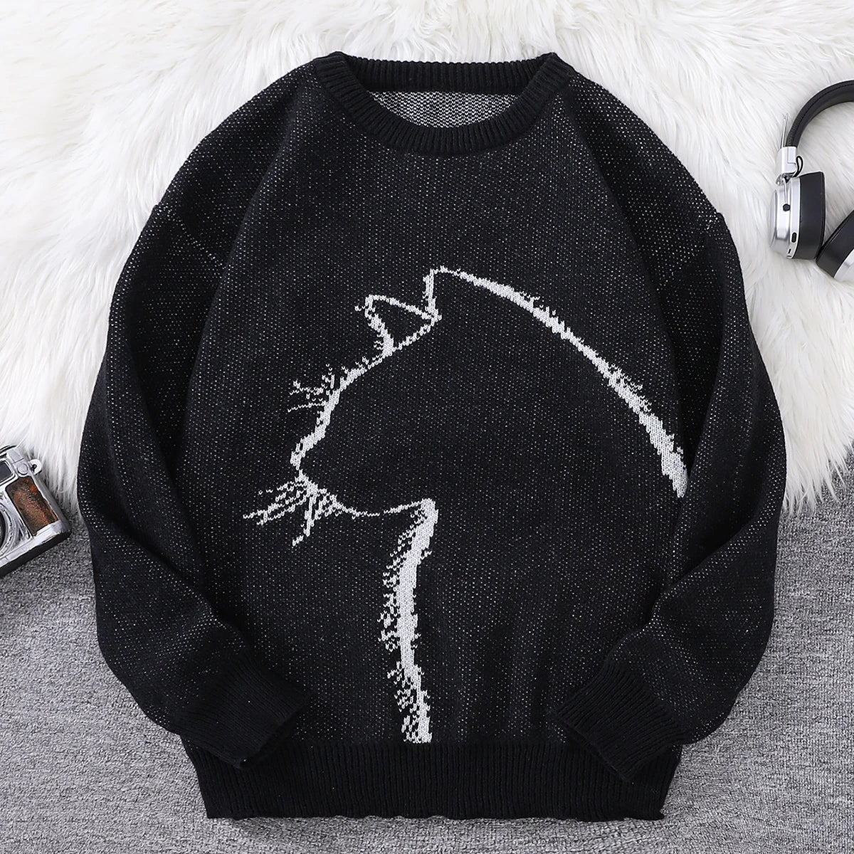 Black and white knit sweater abstract cat silhouette pattern cozy soft pullover for cat lovers
