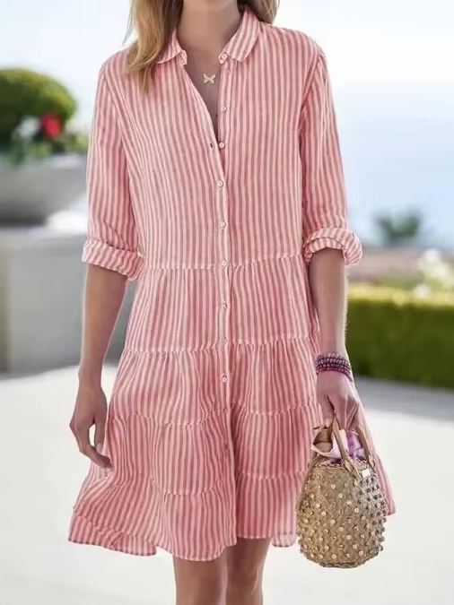 Women's oversized striped shirt dress with turn-down collar and long sleeves, relaxed casual fit