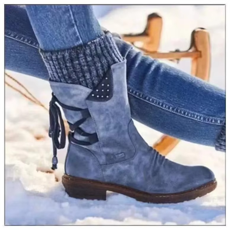 Women's brown faux suede mid-calf winter boots with warm fleece lining and slip-resistant sole