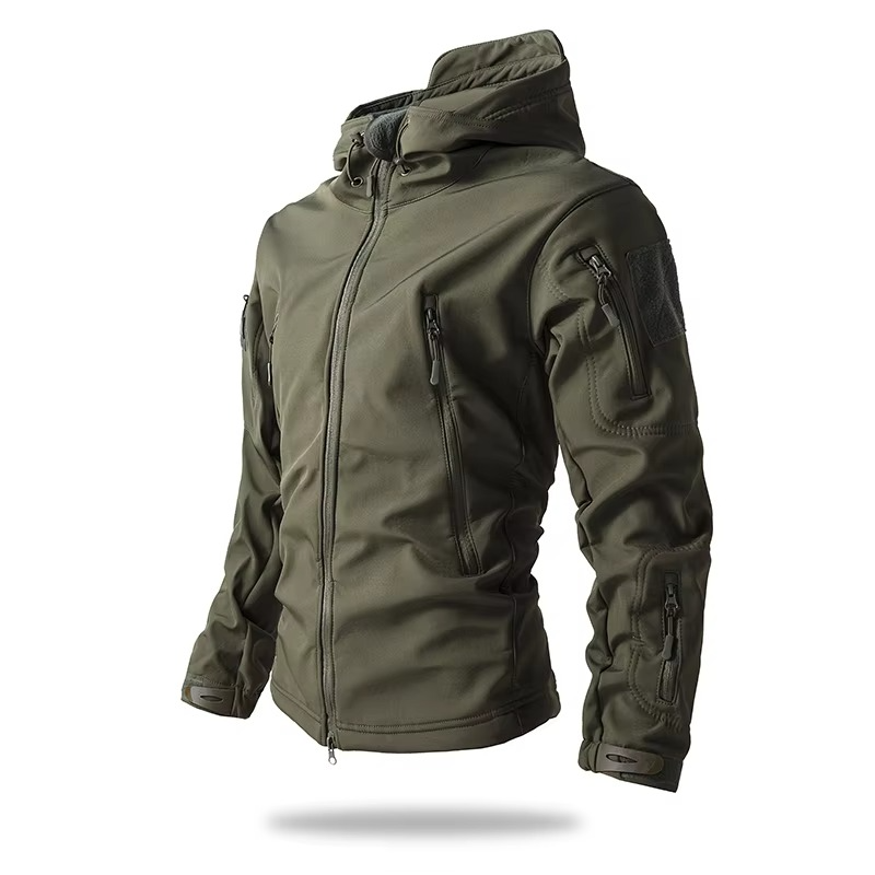 Men's dark soft shell fleece jacket windproof breathable slim fit with zippered pockets outdoor warmth