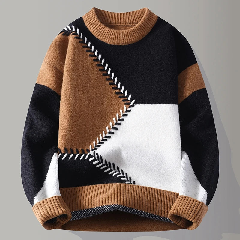 Colorblock stitch knit sweater in bold geometric blocks, casual relaxed fit with soft textured knit fabric