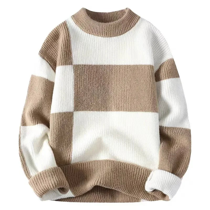 Colorblock crewneck sweater bold check knit pattern relaxed fit versatile everyday layer