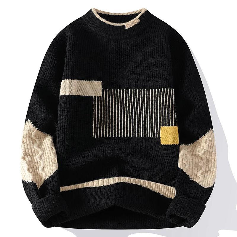 Multicolor patchwork knit pullover unisex crew neck sweater bold contrasting panels cozy fall style