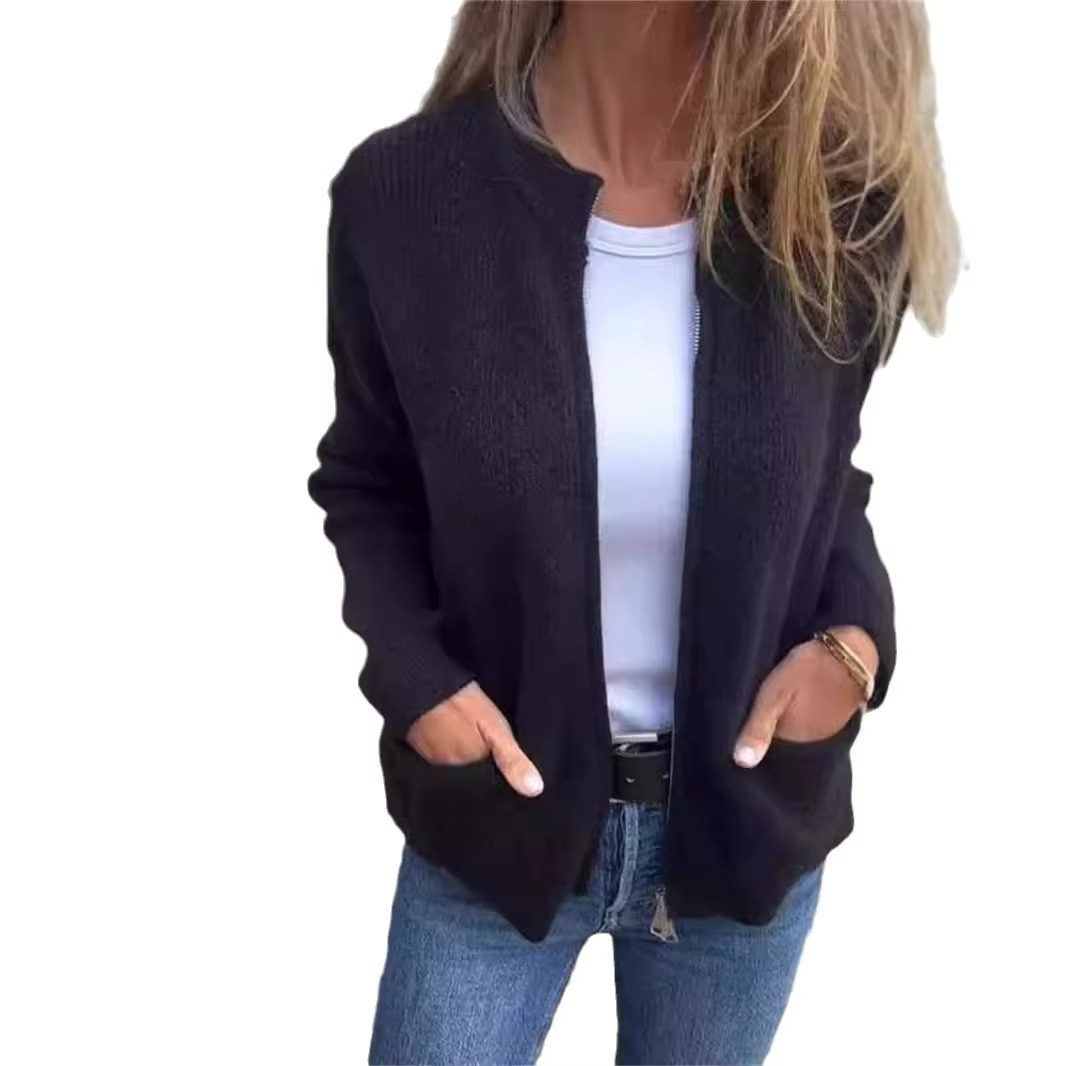 Women's cozy stand collar zip knit jacket relaxed fit warm everyday layer