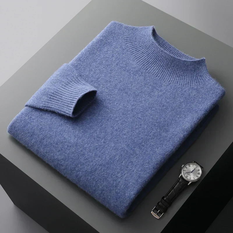 Men's wool knit sweatshirt regular fit semi-turtleneck with ribbed cuffs winter style
