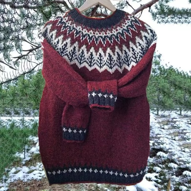 Women's loose fit color block pullover sweater with round neckline, casual knit style in multicolor panels