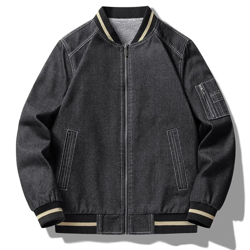 Men's slim fit denim varsity jacket with fleece lining and yellow stripe trim sporty style