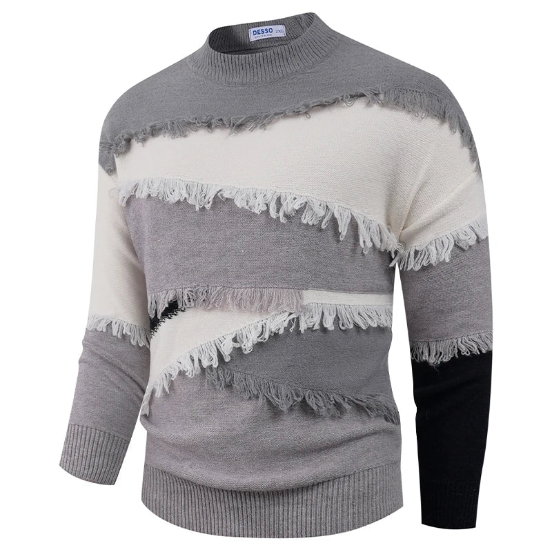 Men's colorblock stripe knit sweater with bold textured fringe detail in streetwear style