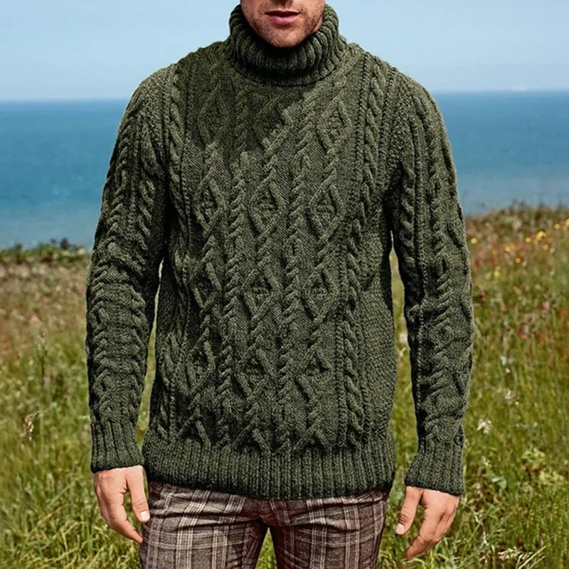 Men's cream cable knit turtleneck sweater with diamond pattern and folded high neck