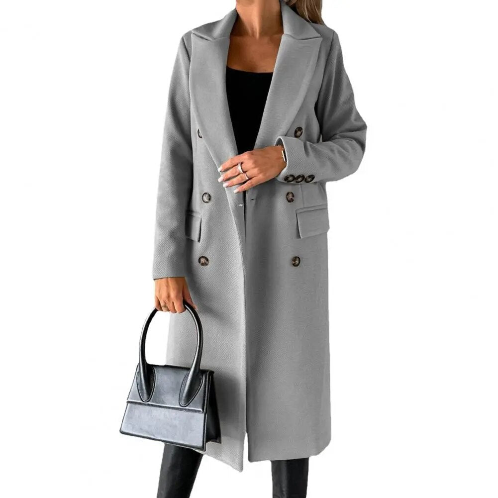 Women's double-breasted winter trench coat structured lapels polished classic tailored silhouette