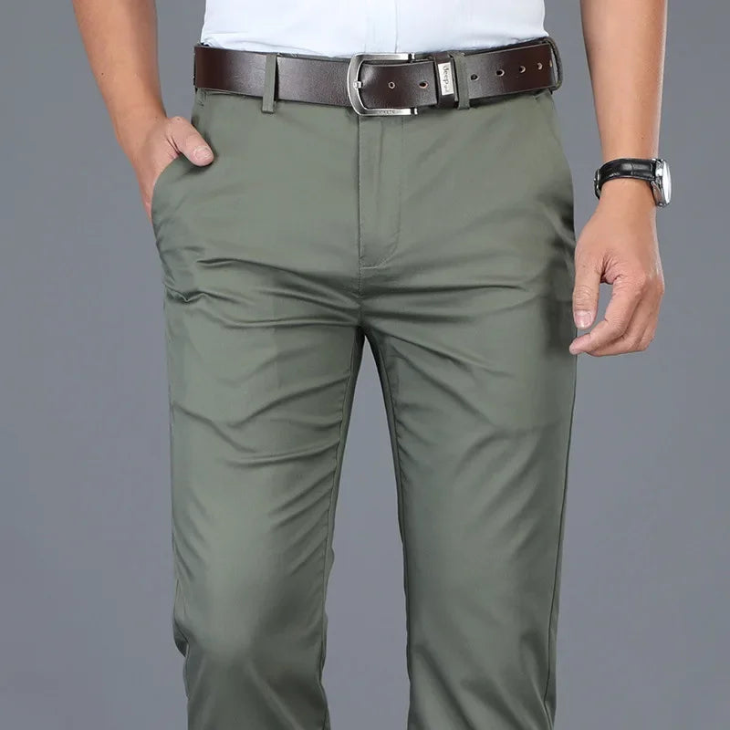 Urbann-Vibe Owen beige tailored chinos with 4-way stretch slim fit for modern office professionals