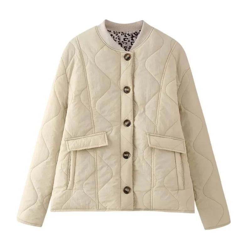 Women's padded cotton jacket beige leopard print patchwork sleeves cozy fall winter style