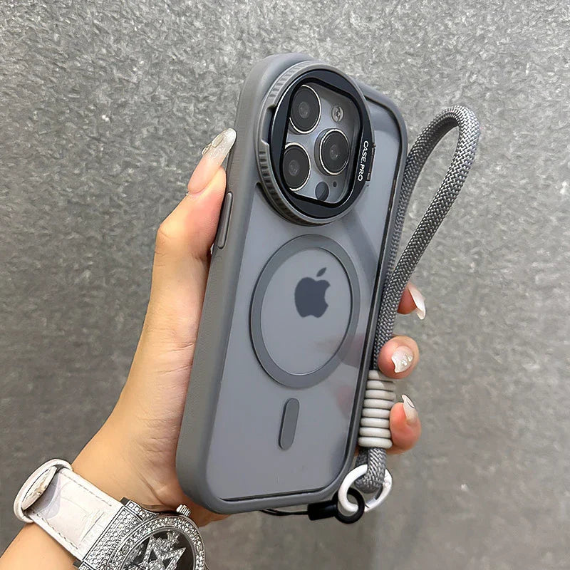 Rugged paracord iPhone case with ergonomic wrist strap, foldable lens stand, MagSafe compatible