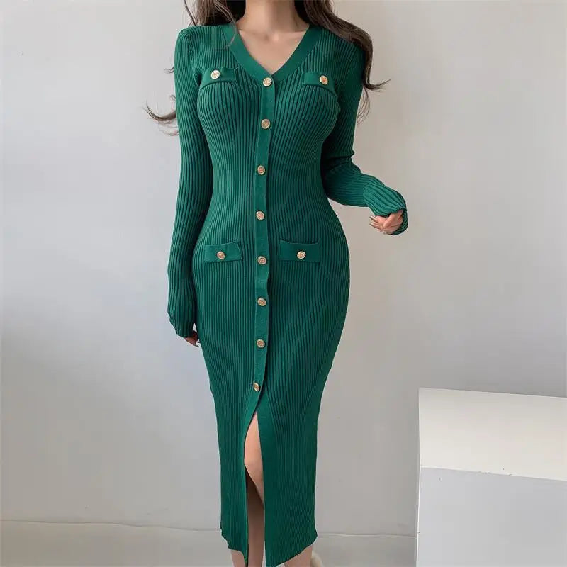 Women's slim fit midi knit dress in versatile everyday style with sleek streamlined silhouette