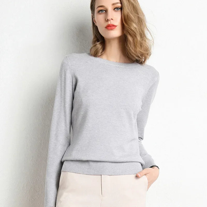 Women's slim fit ribbed knit wool blend sweater with O neckline in cozy everyday style