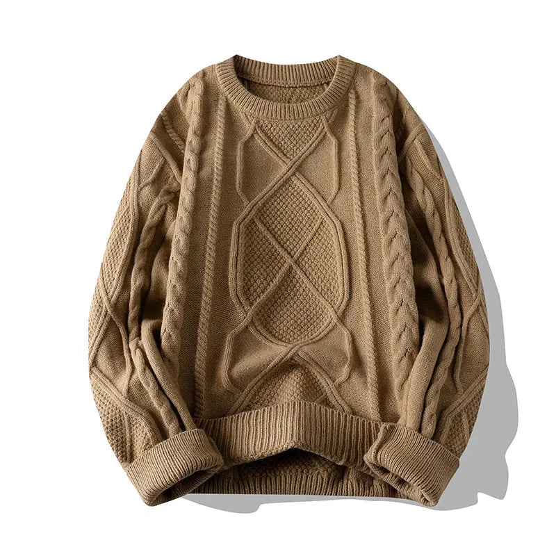 Men's cream relaxed fit cable knit wool sweater with classic textured pattern for cozy everyday style