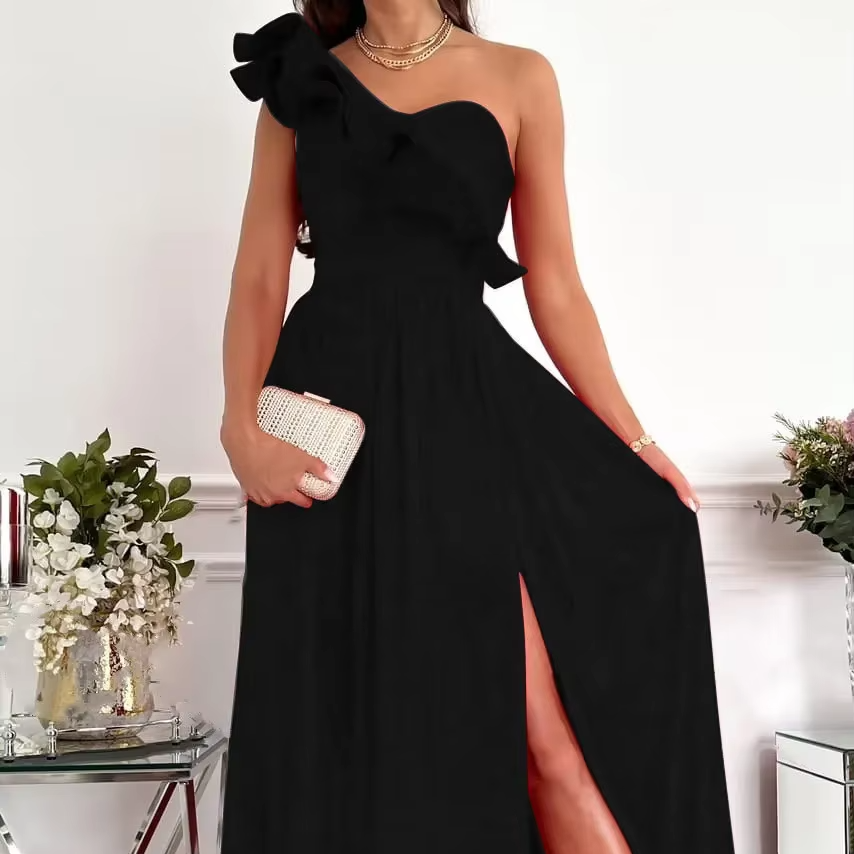 Women's one-shoulder maxi dress with ruffle edge neckline, side slit, sleek silhouette, event-ready