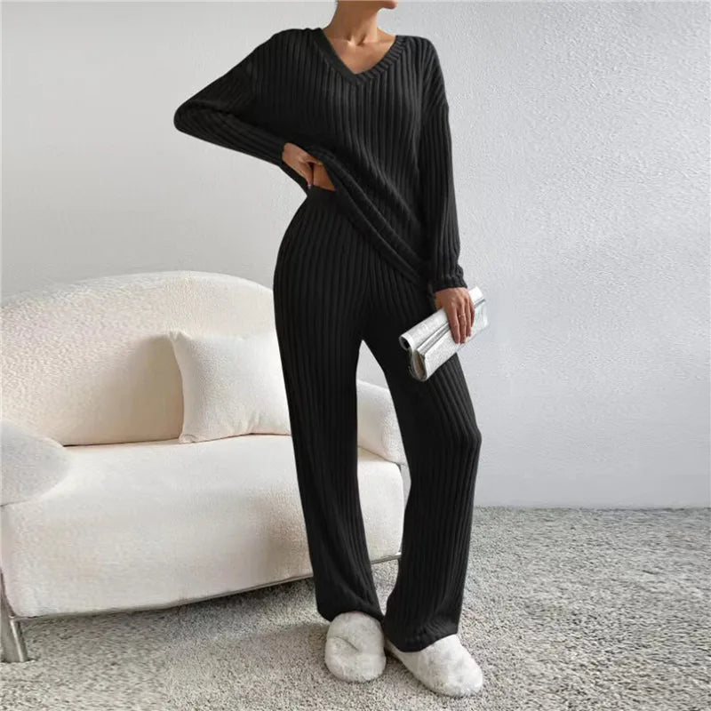 Women's ribbed V-neck two-piece lounge set with wide-leg pants, loose fit casual coord