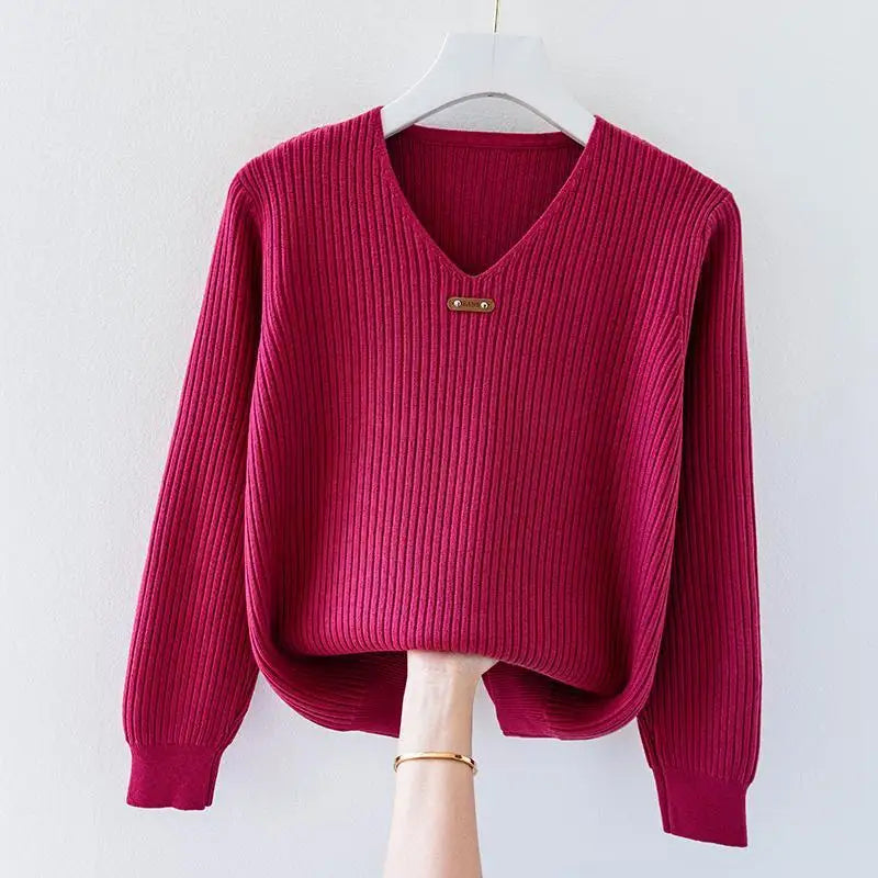Women's ribbed knit V-neck top lightweight stretch slim fit with subtle texture everyday essential