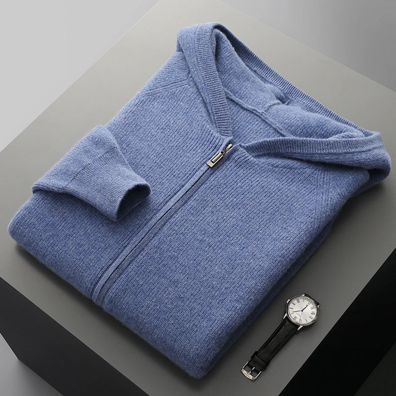 Men's charcoal wool zip-up hoodie heavyweight knit full-length zipper minimalist cold-weather layer