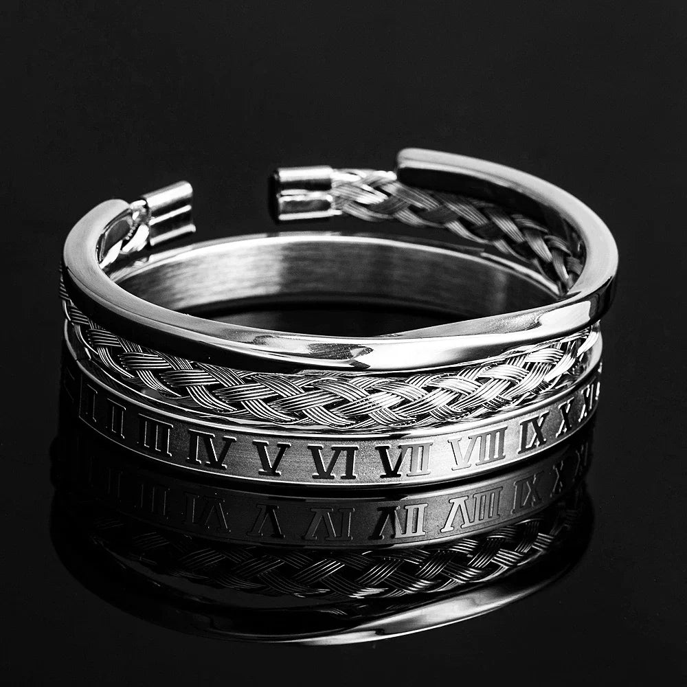 Men's three-piece bracelet set with braided, engraved, and polished open-ended rigid-fit designs