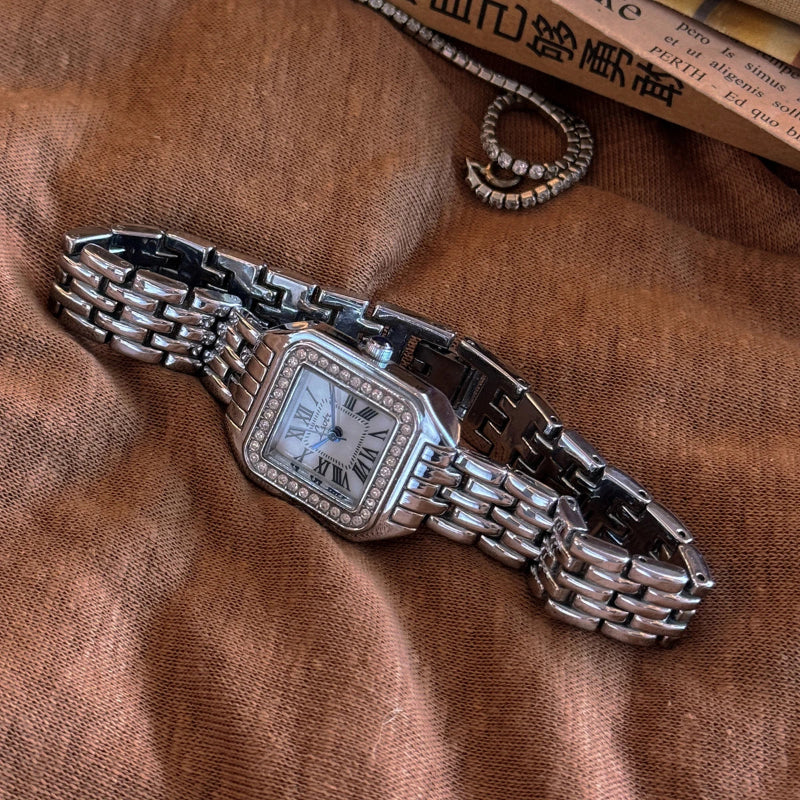 Women's Valencia vintage gold chain wrist watch with rhinestone studs and stainless Roman numeral dial