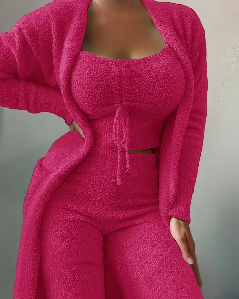 Women's 3-piece plush pajama set cozy crop top long pants coat soft luxurious loungewear