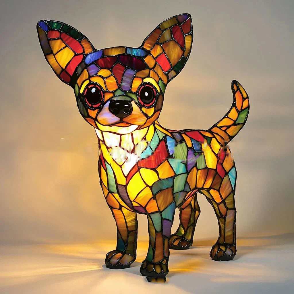 Art Nouveau stained glass cat dog lamp handcrafted multicolor vintage-inspired warm ambient sculpture light