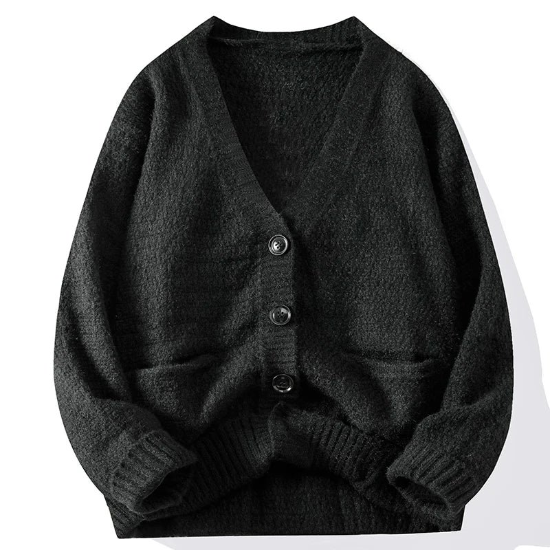 Men's soft knit cardigan relaxed fit deep V-neck chunky button front minimalist style