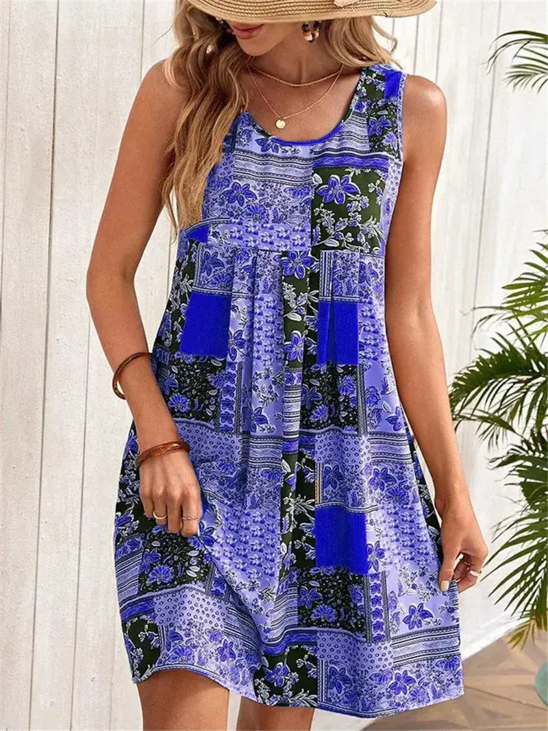 Women's sleeveless A-line dress in soft woven fabric, breezy scoop neckline summer travel style