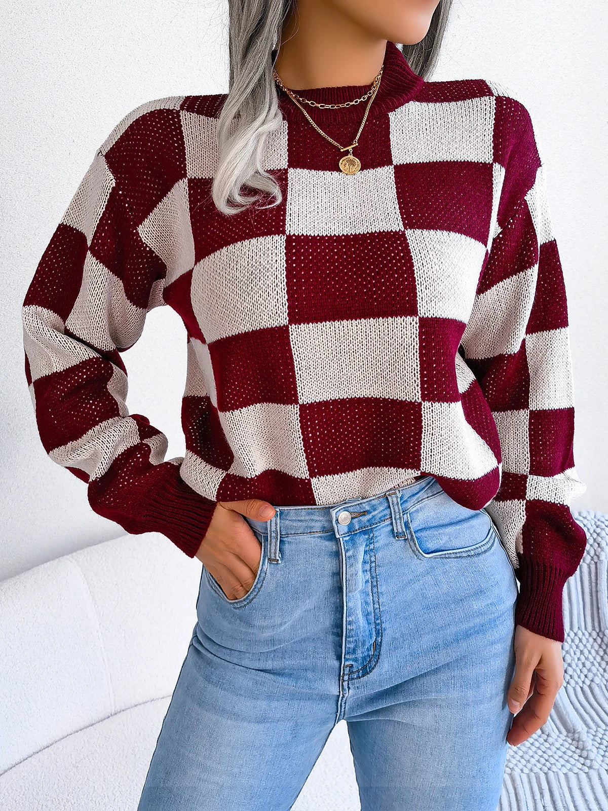 Violet checkered knit pullover sweater women Y2K hip-length cozy autumn winter layering essential