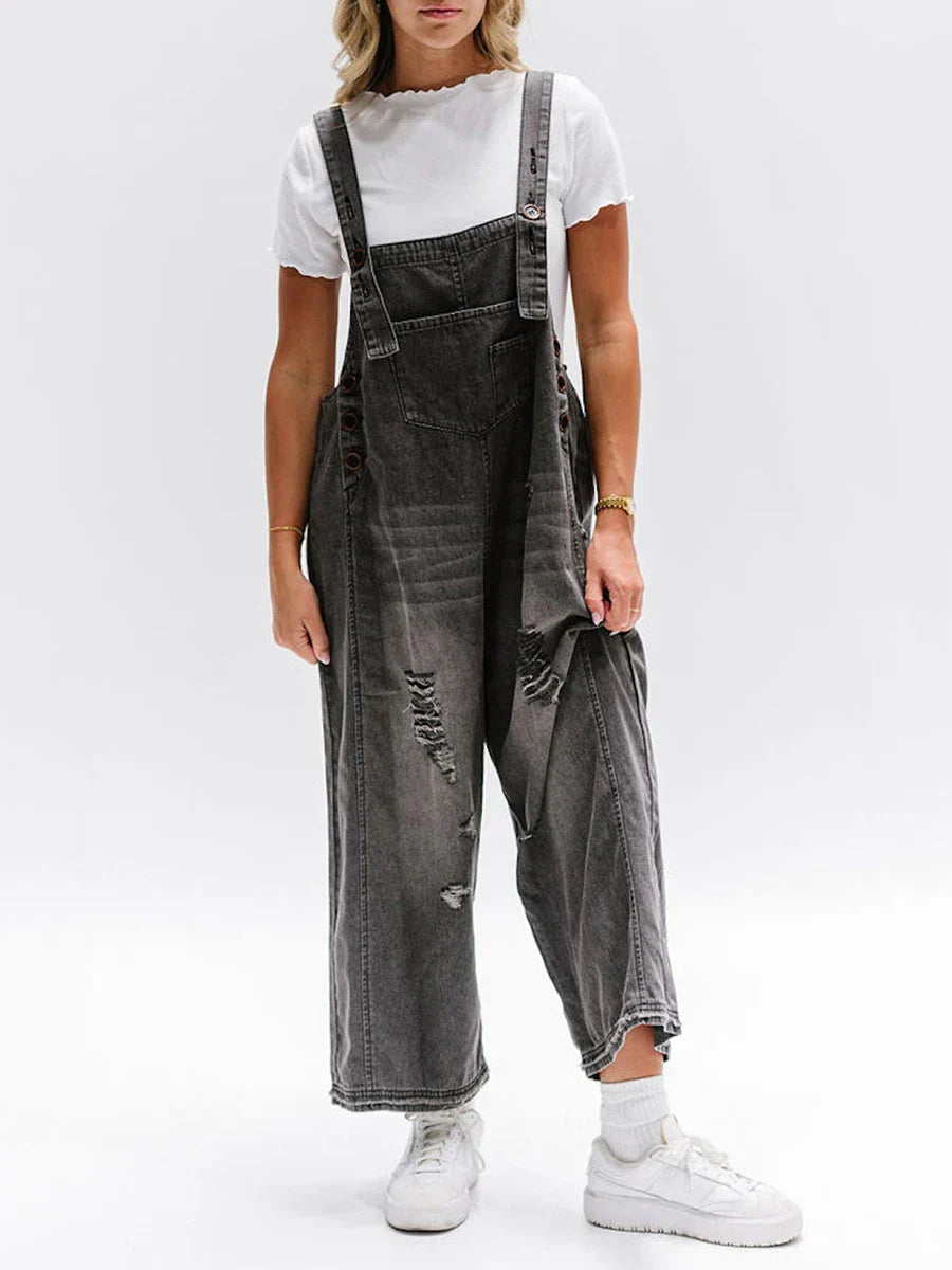 Hazel washed denim overalls women relaxed wide-leg fit adjustable straps raw-edge distressing