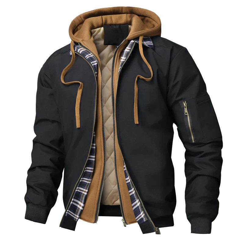 Men's black hooded relaxed fit bomber jacket with quilted lining and zip sleeve pocket
