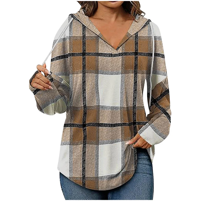 Ruby oversized V-neck hoodie women grid pattern cotton poly blend cozy flattering casual fit