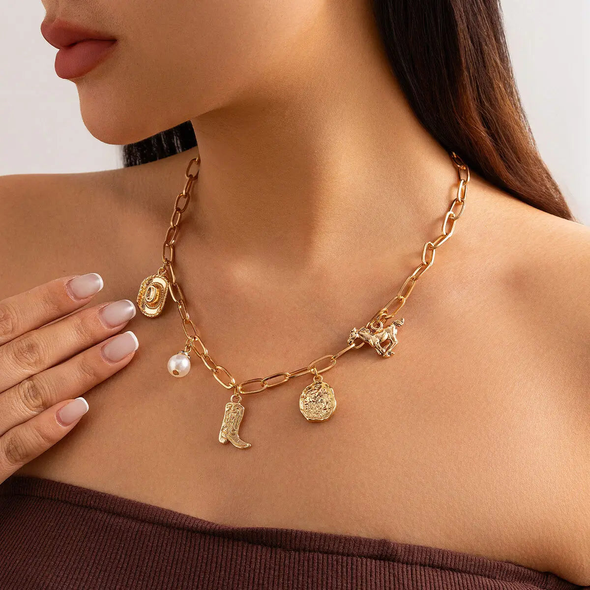 Golden Prairie adjustable choker necklace vintage gold-plated Western charms with cowboy-inspired pendants