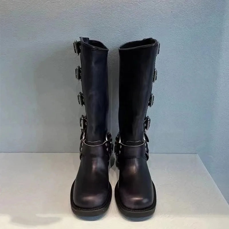 Women's brown premium leather western cowboy boots with bold buckle-and-strap detail versatile style