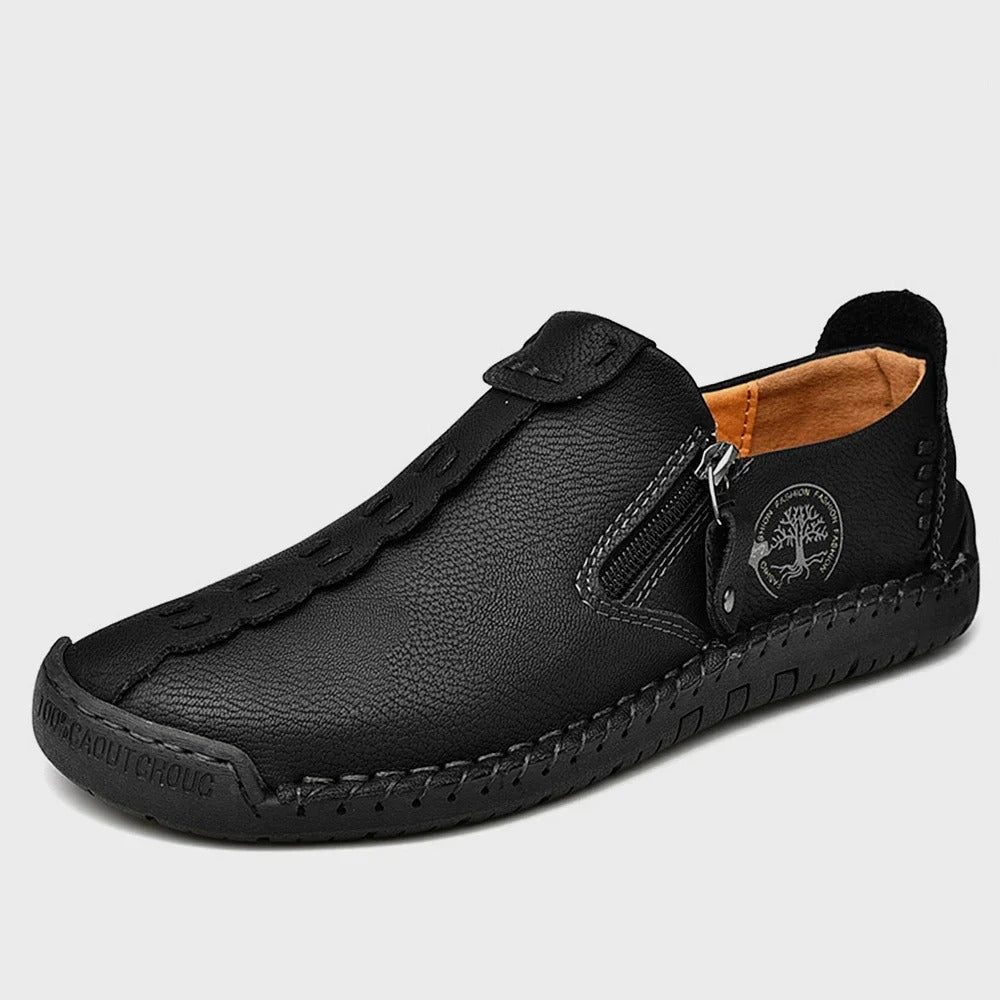 Black leather slip-on shoes Urbann Vibe street style with side zipper and handcrafted stitching
