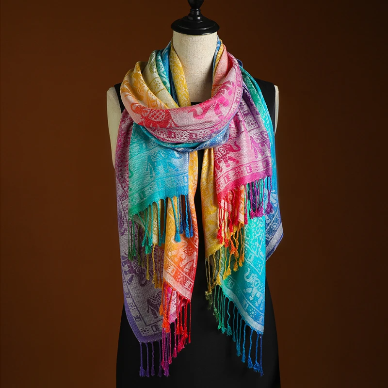 Ombre gradient fringe shawl handloomed boho wrap jewel dusk to twilight soft breathable texture
