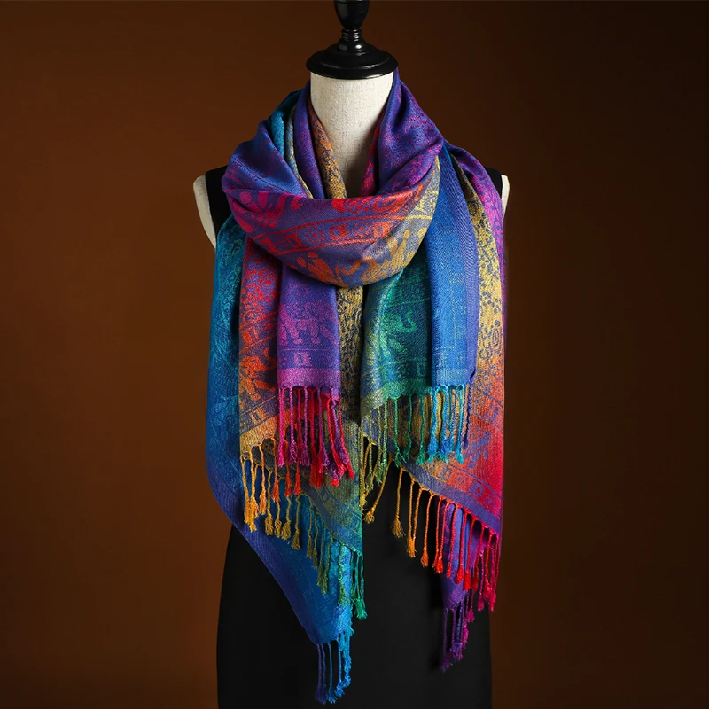 Ombre gradient fringe shawl handloomed jewel dusk to twilight boho wrap soft breathable texture