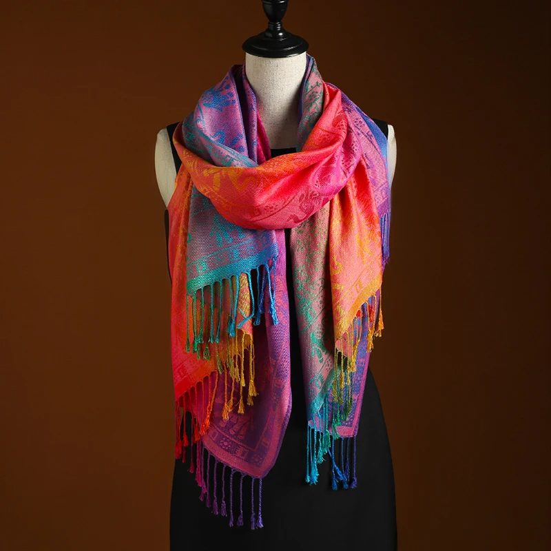 Ombre fringe shawl handloomed gradient jewel dusk to twilight boho wrap soft breathable