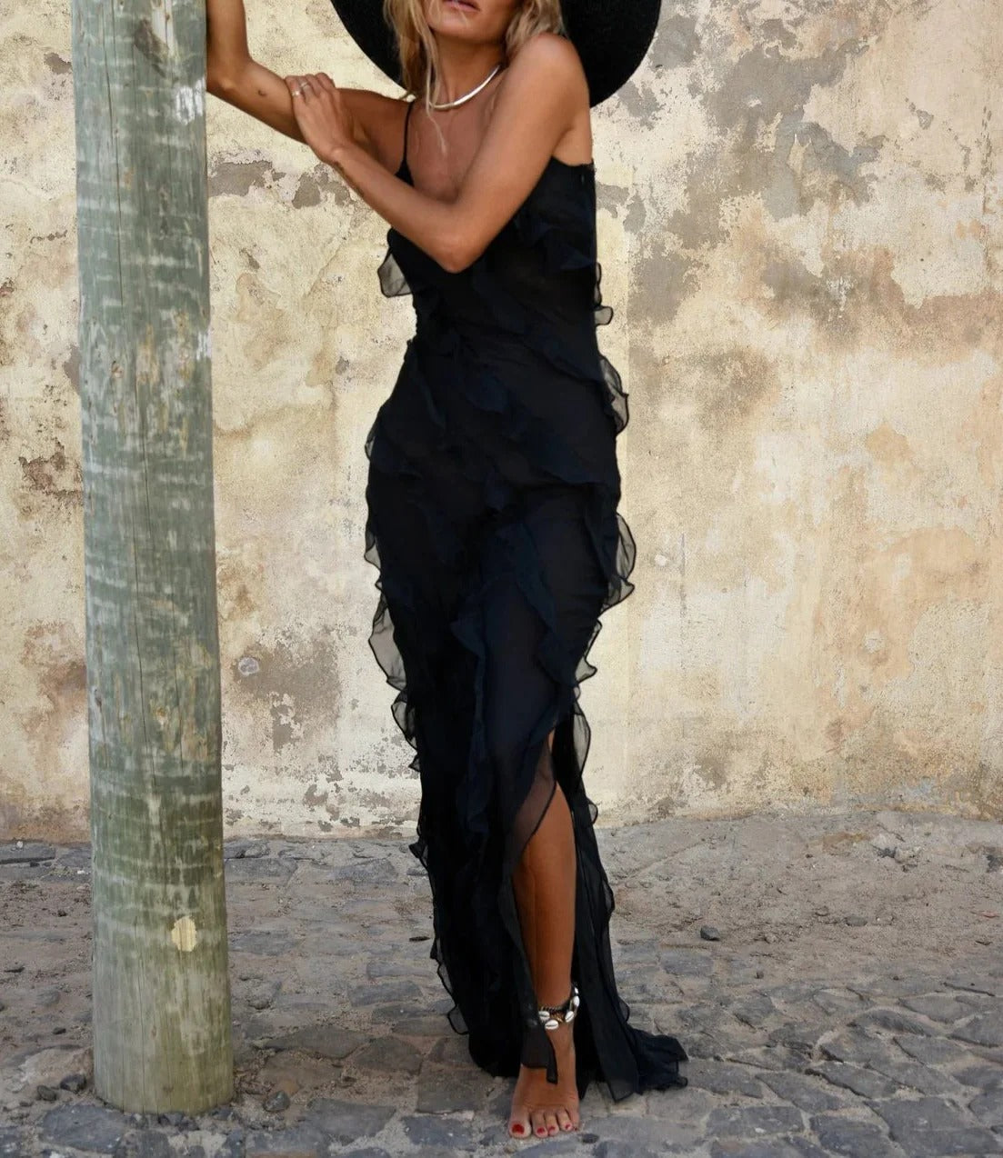 Scarlet red chiffon maxi dress with fluid wave silhouette and lightweight drape for elegant evening wear